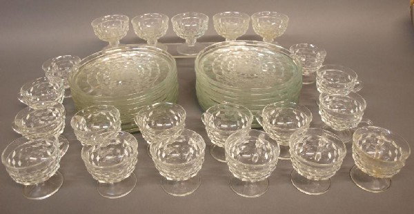 (37) FOSTORIA AMERICAN LUNCHEON SERVICE & CUPS: (lot of 37) Set of Fostoria 'American' pattern plates and cups including (8) luncheon plates, (8) dinner plates, (5) sherbets, and (16) cups, no loss noted, plates 9"diam, 34.50lbs total
