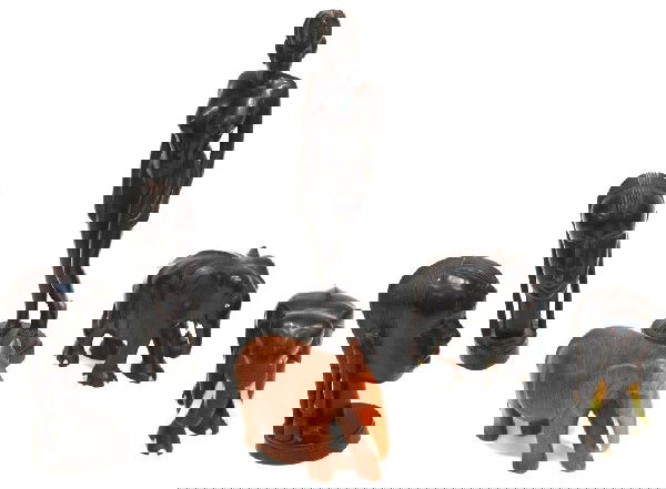 CARVED EBONY ELEPHANTS & TRIBAL FIGURES: (lot of 6) African carved ebony figures comprising (2) elephants, (1) nude female figure standing on a base and (2) tribal heads, together with (1) teakwood elephant, overall lot with restoration and