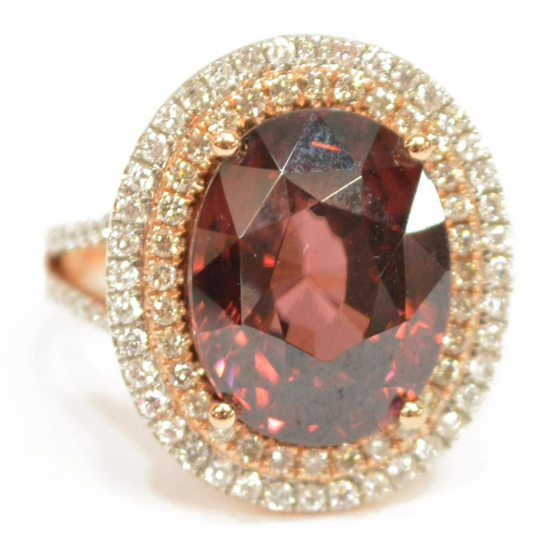 LADIES RED ZIRCON, DIAMOND & 14KT ROSE GOLD RING (1 of 3)