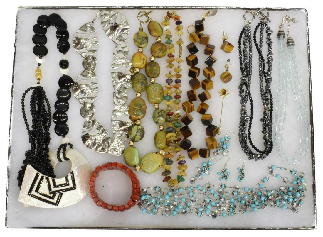 HUGE LOT SEMI-PRECIOUS STONE & COSTUME JEWELRY: (lot) Collection of necklaces, bracelets and earrings (for pierced ears), various materials, style and designs, highlights include: (1) turquoise beaded necklace, (1) tigers eye cube necklace with (pa