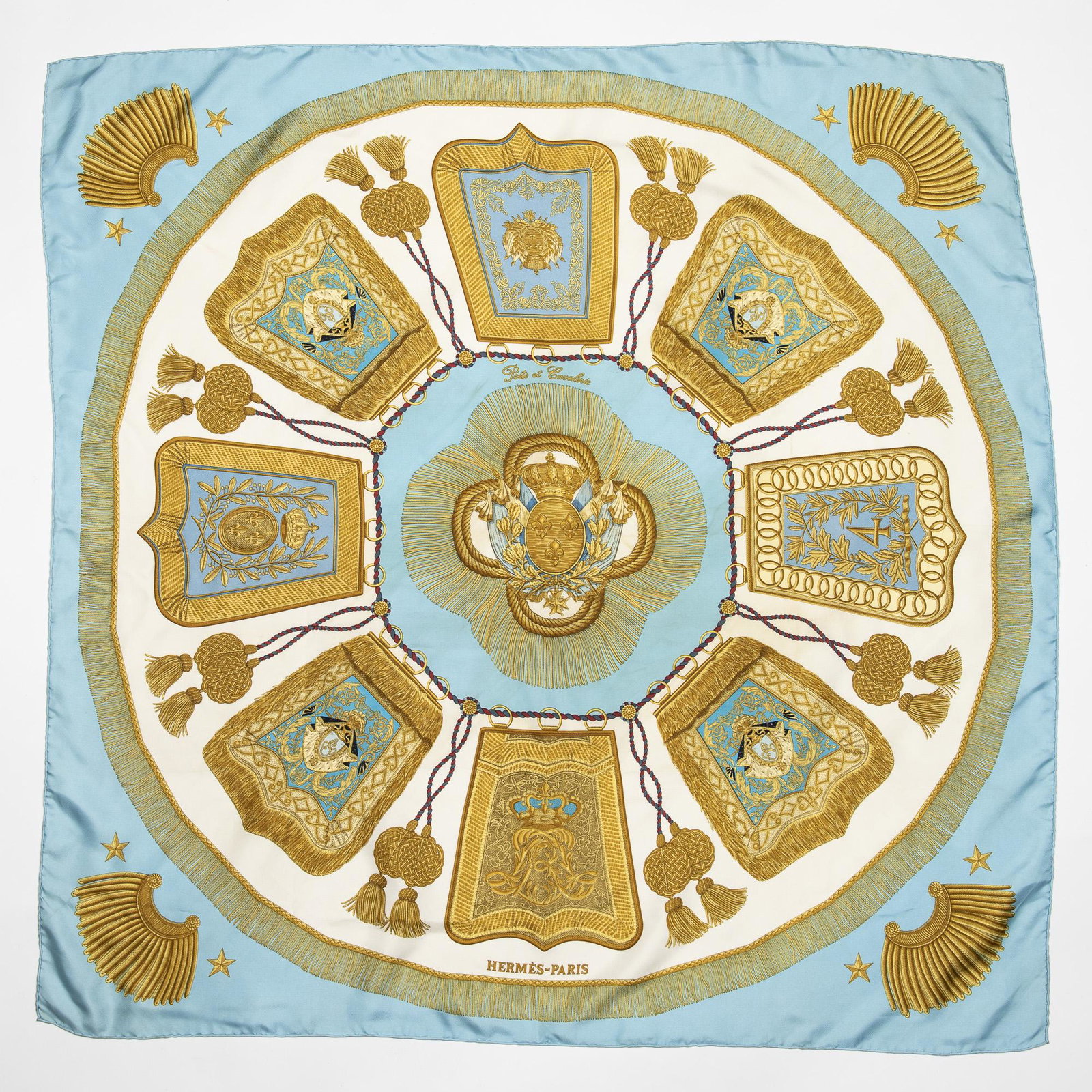 HERMES SILK TWILL SCARF, 'POSTE ET CAVALERIE': Hermes silk twill scarf, "Poste et Cavalerie" pattern, original design by Joachim Metz, lacking care tag, scarf: measurements for shipping purposes only - approx 35"l, 35"w, 0.25lbs *Provenance: Luxur