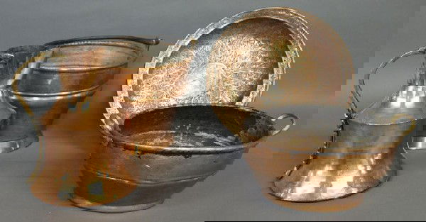 (4) OLD COPPERWARE W/ GILT BRASS & IRON HANDLES: (lot of 4) Group of old copper tableware with brass and iron handles: (1) small basin, 6.25"h, 13.5"w, 9"d; (1) water ewer with handle, 11"h, 8"w; (1) wall charger, 12.5"w; (1) bucket with top handle,