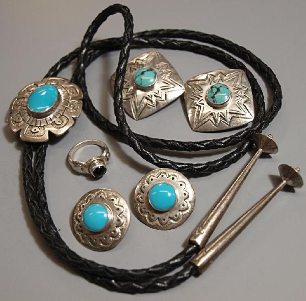 VINTAGE JEEP COLLINS STERLING SILVER JEWELRY GROUP: (lot of 6) Vintage Jeep Collins sterling silver jewelry including: (1) bolo with central turquoise stone on braided leather cord with long sterling end pieces, stone with fracture on corner; (2 pairs)