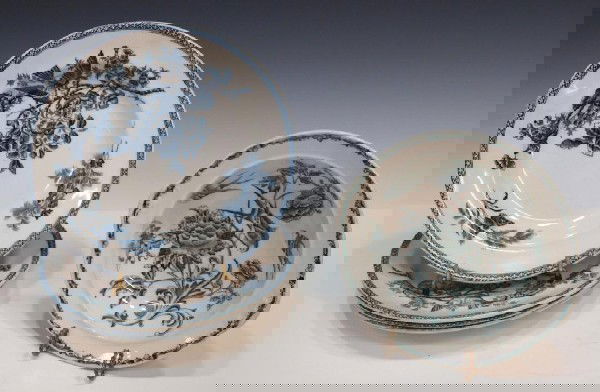 RORSTRAND & GUSTAFSBERG FLOW BLUE & TRANSFERWARE: (lot of 5) (4) Gustafsberg flow blue service articles comprising (2) plates and (2) shallow bowls, each transfer decorated with butterflies and birds, plate: 9.5"diam; together with (1) Rorstrand tran