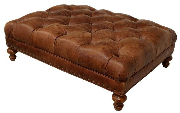 OVERSIZED BROWN LEATHER BUTTONED OTTOMAN: Oversized brown leather buttoned ottoman, 16"h, 49"w, 36"d