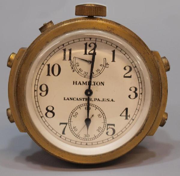 HAMILTON MODEL 22 CHRONOMETER, US NAVY 1942: Hamilton Model 22 U.S. Navy Bureau of Ships Chronometer, sans wood box, 21 jewels, adjusted to temperature and 6 positions, wind indicator, seconds hand, marked at interior "U.S. Navy -Bu Ships-1942",