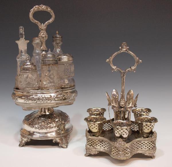 (2) ORNATE SILVER PLATE EGG SERVICE & CASTOR SET: (lot of 2) Silver plate service sets, comprising: (1) silver plate egg set, the ornately pierced frame holding six conforming cups, all but two mounted on a stem, (6) 800 silver spoons suspended from