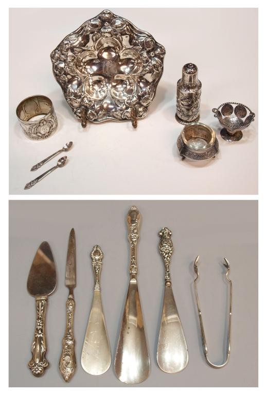 DIMINUTIVE 800, STERLING & SILVER PLATE OBJECTS: (lot) Diminutive silver and plate objects comprising: (1) 800 silver repousse napkin ring, monogrammed; (1) Tiffany & Company silver plate shaker in a profuse floral motif, 4"h; (1) miniature compote 