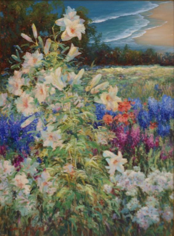 PAINTING, OCEAN FLOWERS, SANG LEE (KOREAN B. 1949): Framed oil on canvas, "Flowers by the Ocean" by Sang Lee (Korean b. 1949), signed lower left, sight: 40"h, 30"w, overall: 51.5"h, 41.5"w, 18lbs