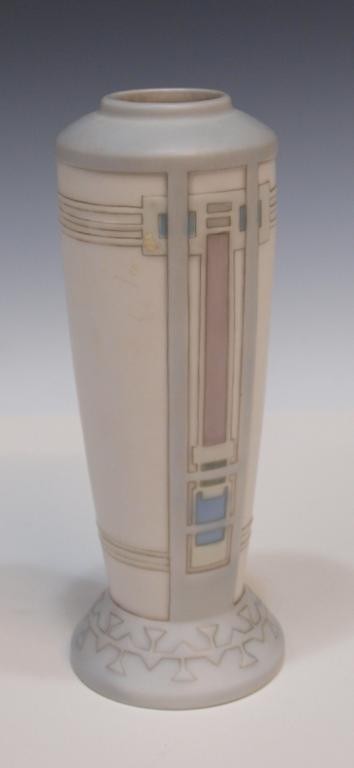 GERMAN ART DECO PORCELAIN VASE, GULLUBA & HOFFMAN: German Art Deco porcelain vase, Galluba & Hofmann, Thuringia, of tapered form on a circular pedestal foot, the vase decorated in muted grey, lavender, and blue on a soft white ground, 7.5"h, .75lbs