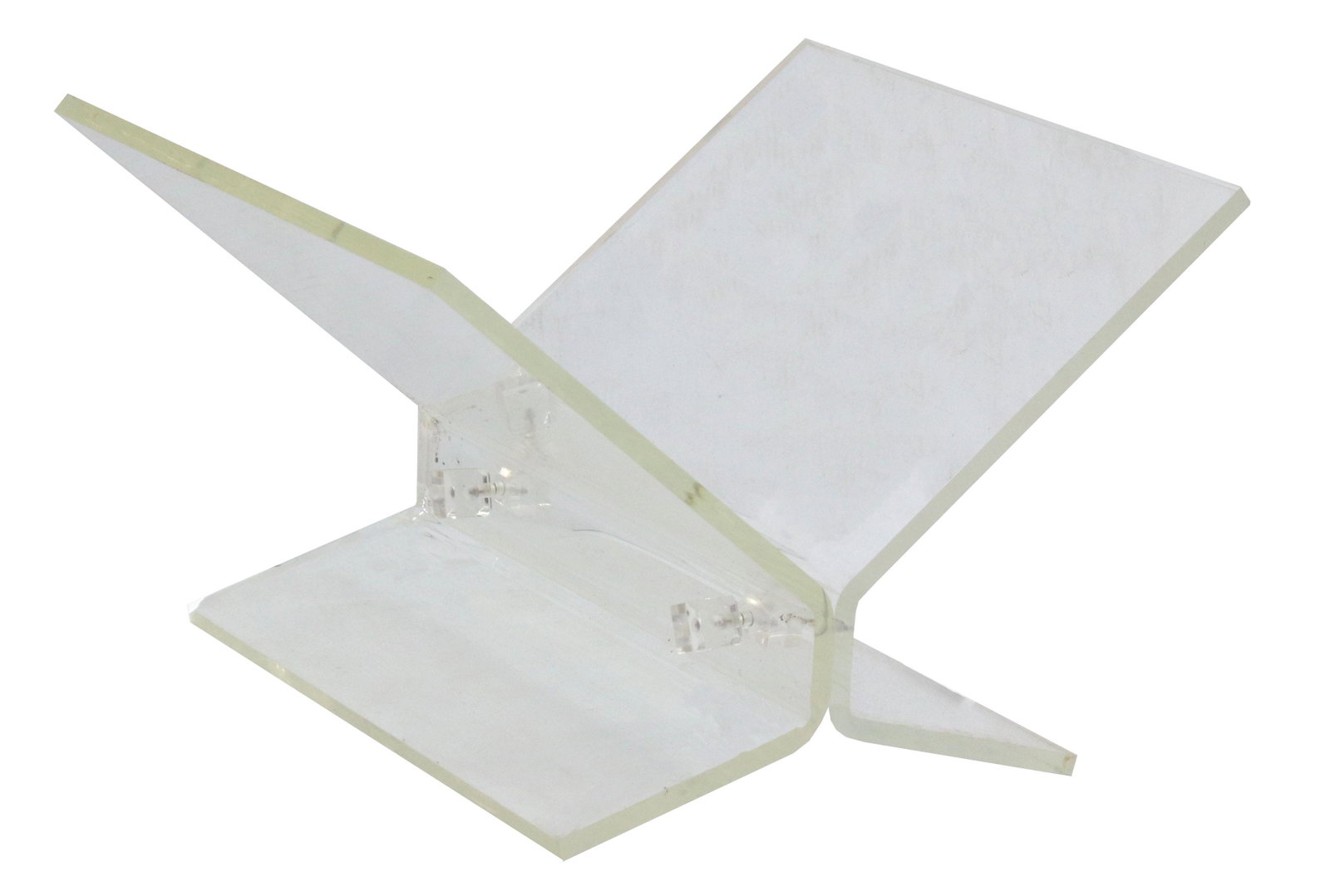 MODERN DESIGN ACRYLIC MAGAZINE RACK, C.1970: Modern design acrylic magazine rack, c.1970s, X-form, with acrylic hardware, approx 12.5"h, 18.75"w, 16"d Start Price: $50.00