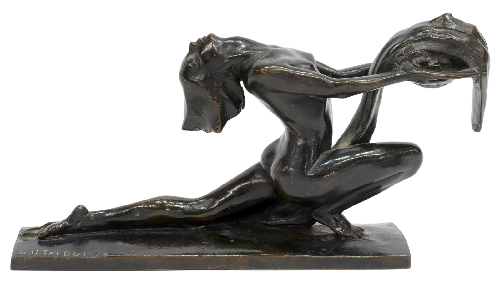 GRACE HELEN TALBOT (D.1971) SALOME BRONZE, R.B.W.: Art Deco patinated bronze sculpture, Salome, signed G.H. Talbot (Grace Helen Talbot, American, 1901-1971), dated [19]23, nude female figure presenting the shrouded head of John the Baptist, marked Rom