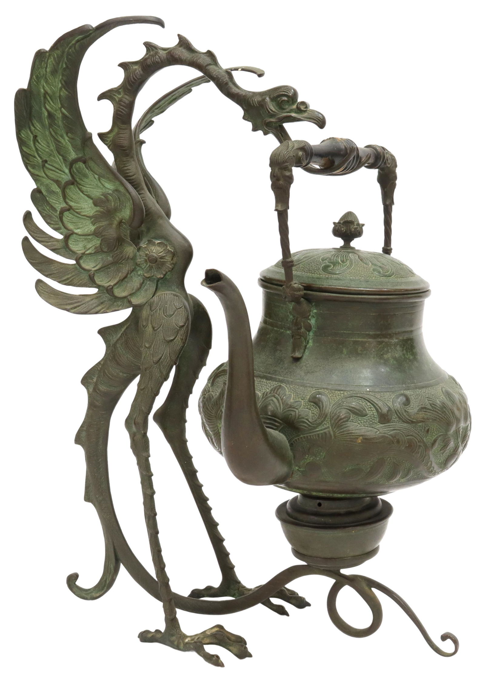 BRONZE & COPPER SPIRIT KETTLE ON FIGURAL STAND (1 of 4)