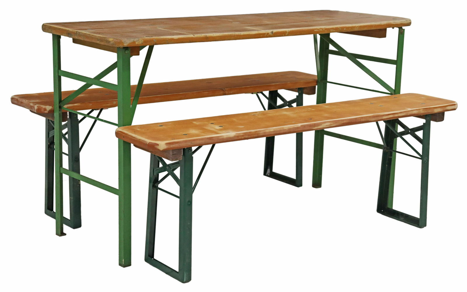 (3) English Pine & Iron Folding Table & Benches