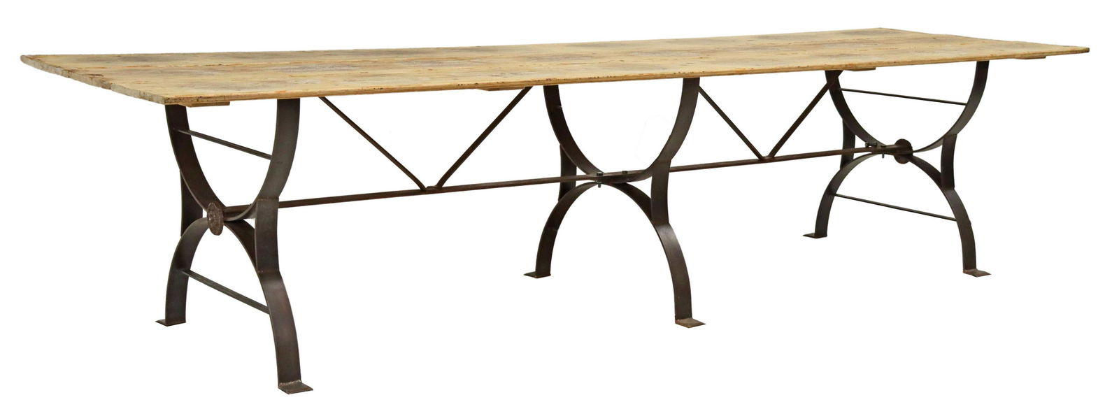 RUSTIC WAXED PINE CAST IRON BASE TABLE, 130"L (1 of 4)