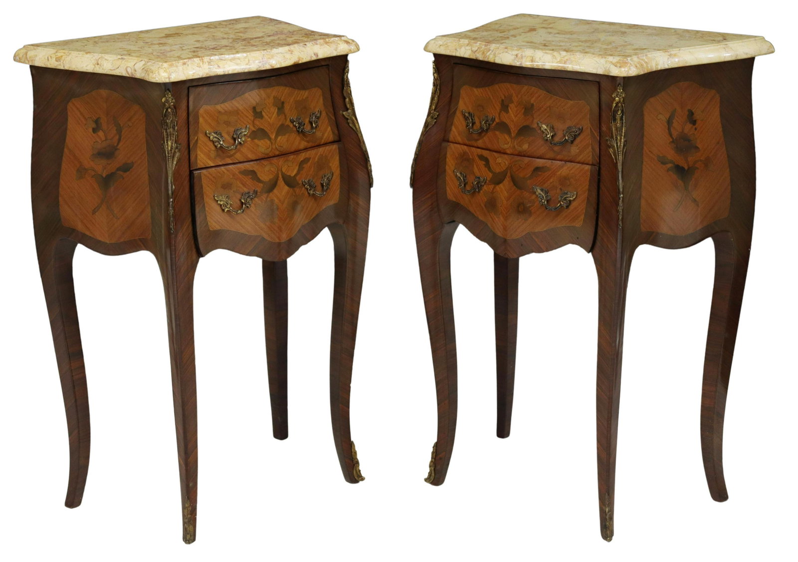 (2) FRENCH LOUIS XV STYLE MARBLE-TOP NIGHTSTANDS: (pair) French Louis XV style marble-top mahogany nightstands, 20th c., each having shaped marble top, over matched veneer and marquetry case, fitted with two drawers, foliate metal mounts, all rising 
