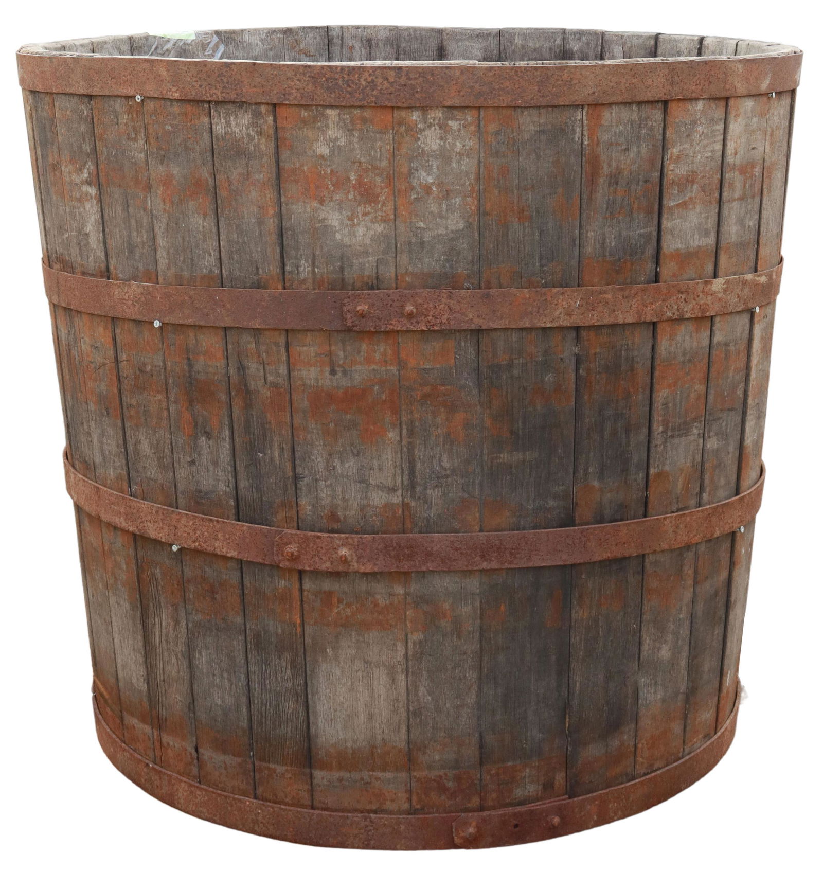 LARGE WEATHERED GRAPE HARVEST BARREL, 33"H, 37"DIA (1 of 2)