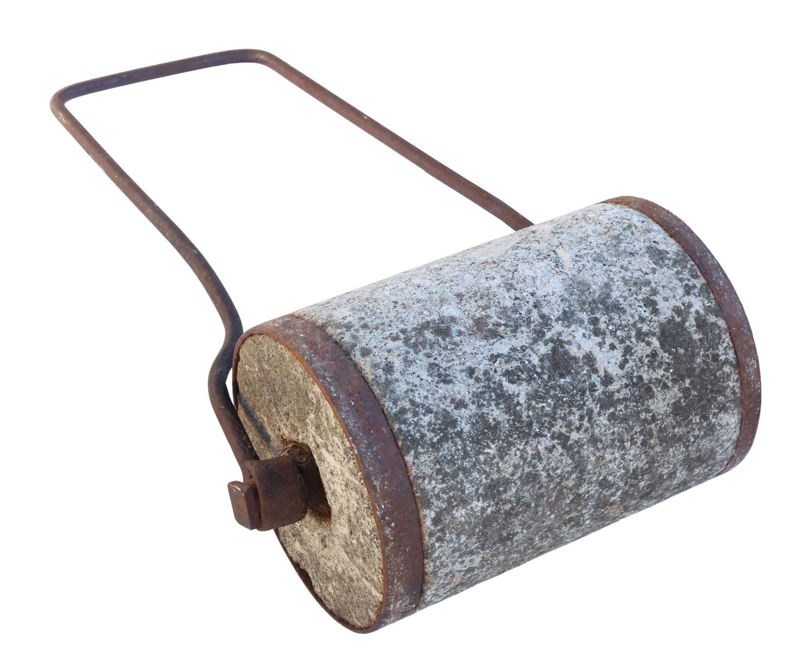 DEVONSHIRE GRANITE GARDEN ROLLER: Devonshire granite garden roller, 20th c., with wrought iron handle, approx 35"h, 22.5"w, 12"d Start Price: $100.00