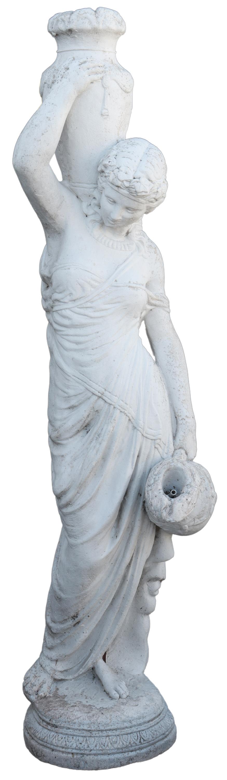 NEAR LIFE-SIZE CAST STONE DRAPED MAIDEN SCULPTURE: Near life-size cast stone garden sculpture, Draped Maiden with Pitchers, 20thc., on circular base, having white finish, plumbed as a fountain, operation unknown, approx 58"h, 13"w, 15"d Start Price: $
