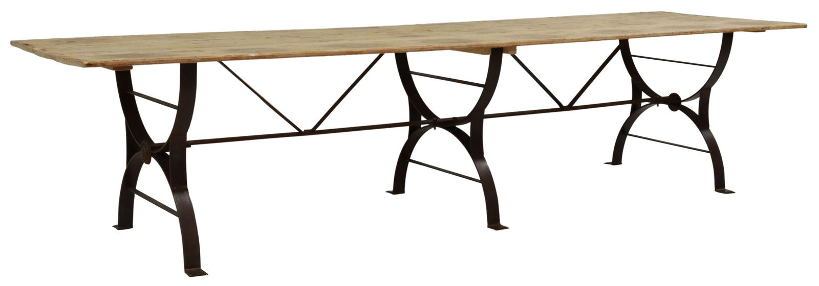 RUSTIC WAXED PINE CAST IRON BASE TABLE, 130"L (1 of 4)