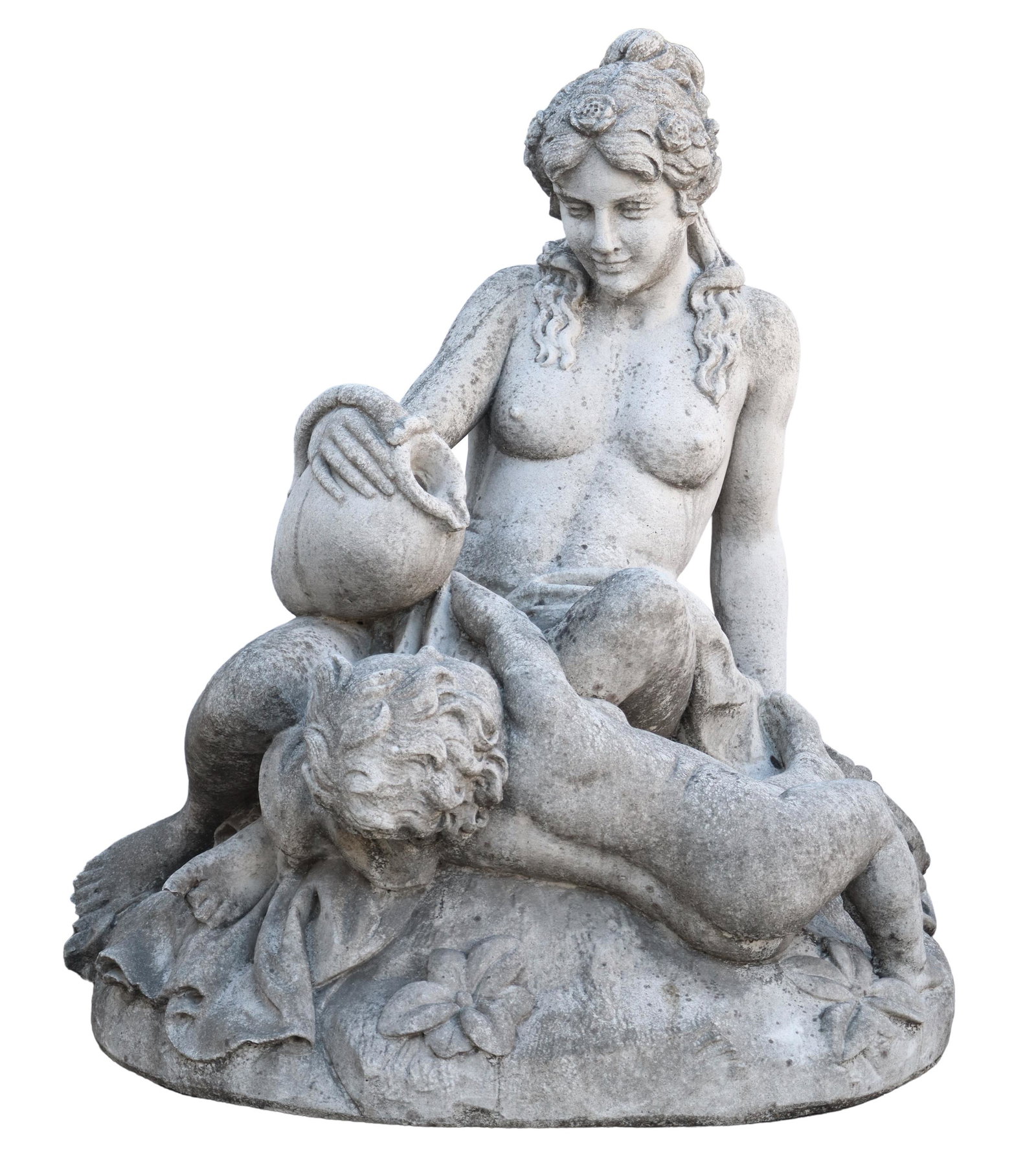 NEAR LIFE-SIZE WATER MAIDEN FOUNTAIN SCULPTURE: Near life-size cast stone garden sculpture, Water Maiden with Child, 20thc., on a circular base, plumbed as a fountain, operation status unknown, approx 40"h, 36"w, 34"d Start Price: $800.00
