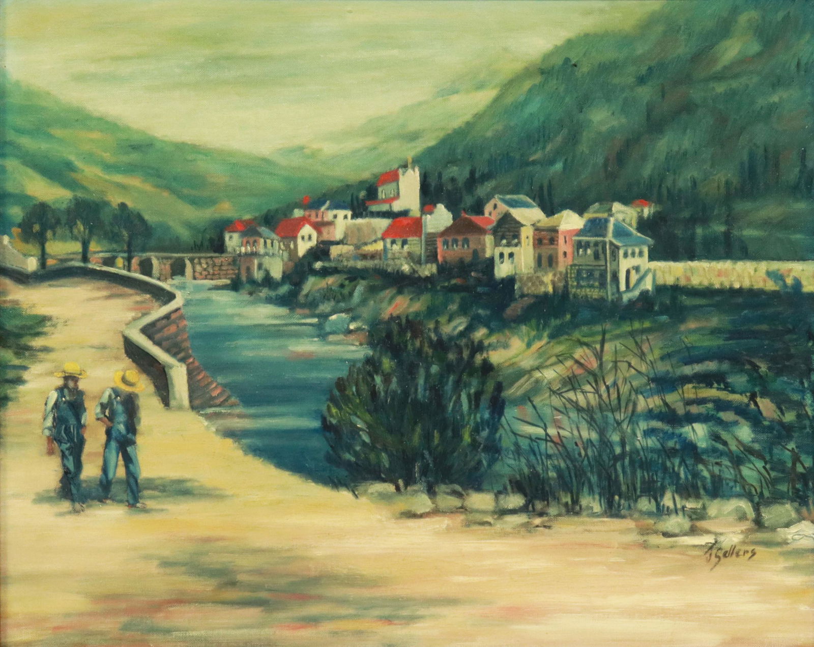 J. SELLERS BRIDGE LANDSCAPE PAINTING, 16" X 20" (1 of 4)