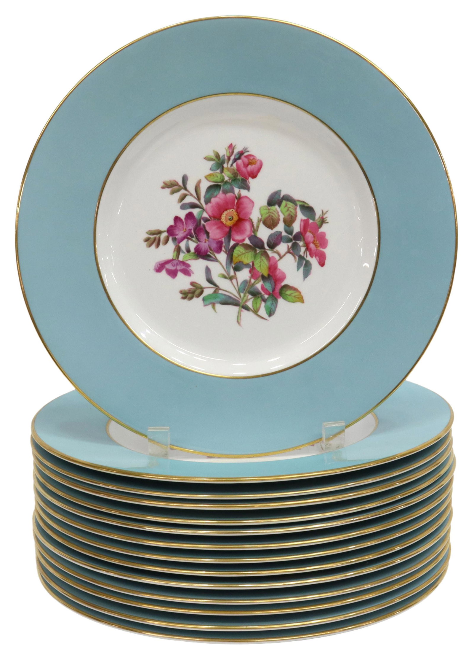 (14) ENGLISH COPELAND SPODE BONE CHINA PLATES: (lot of 14) English Copeland Spode bone china dinner plates, 20th c., numbered Y6179, having light blue edge, with gilt rim, hand-painted varied floral designs to center, (four) with small chips under