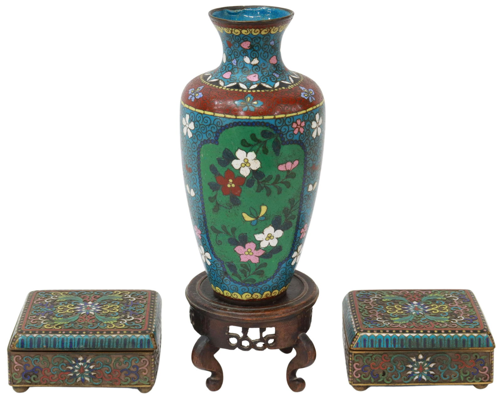 (3) CHINESE CLOISONNE ENAMEL VASE & LIDDED BOXES (1 of 6)