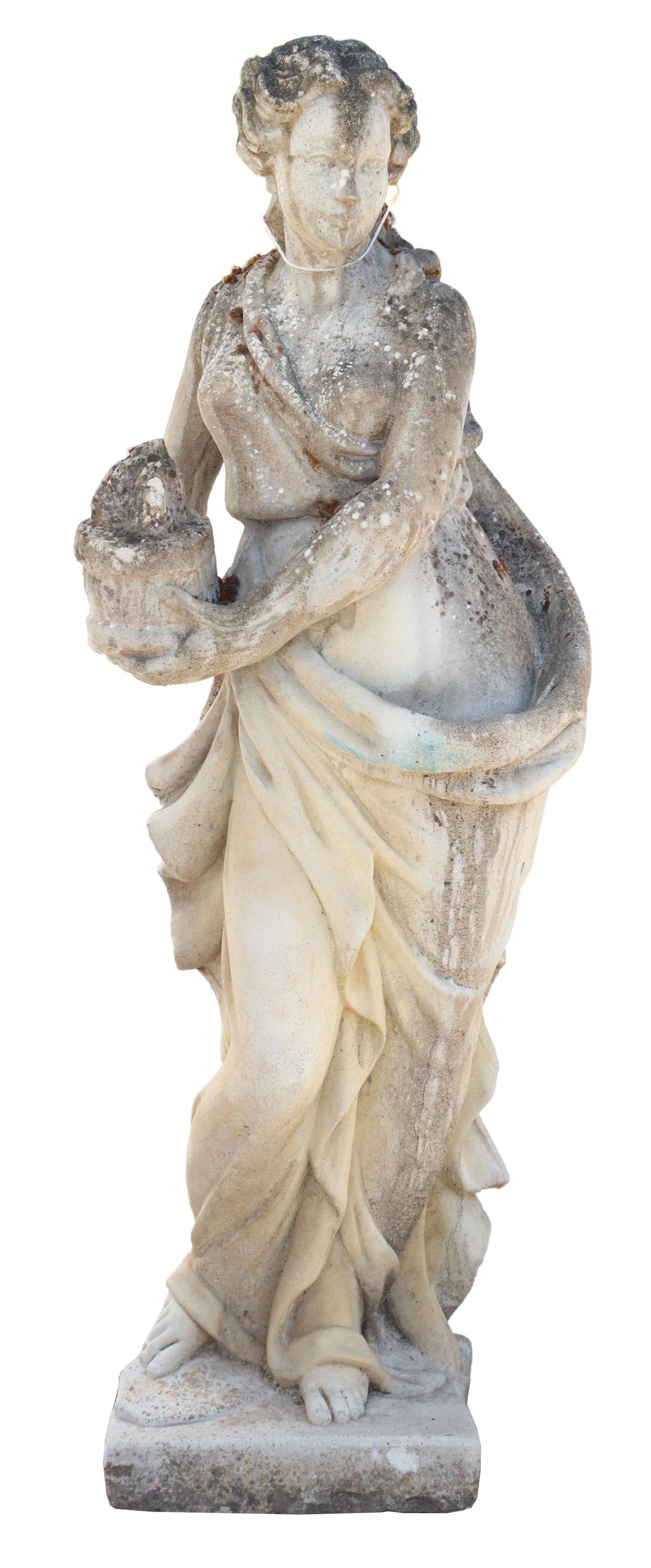 CAST STONE GARDEN STATUE LADY WITH LAMP, 20THC. (1 of 2)