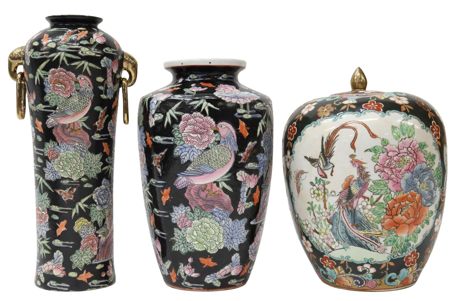 (3) CHINESE FAMILLE NOIR PORCELAIN VASES & JAR (1 of 3)