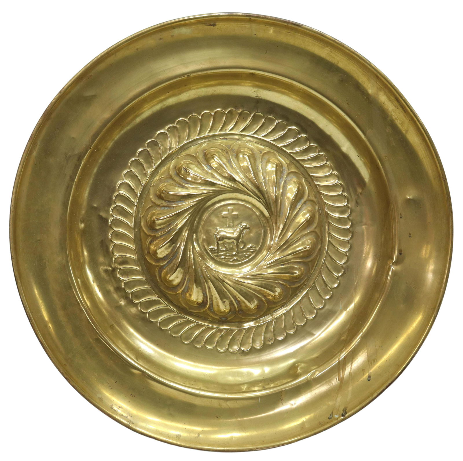 REPOUSSE BRASS PASCHAL LAMB ALMS DISH, 24"DIAM (1 of 3)