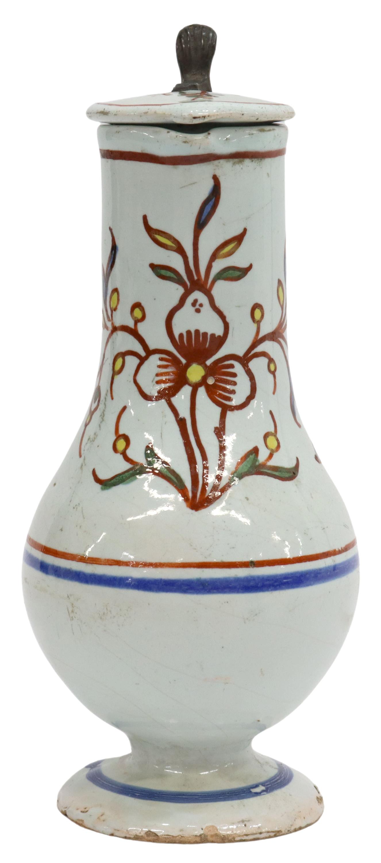 DELFT POLYCHROME FAIENCE CRUET OIL POT, 18TH C. (1 of 4)
