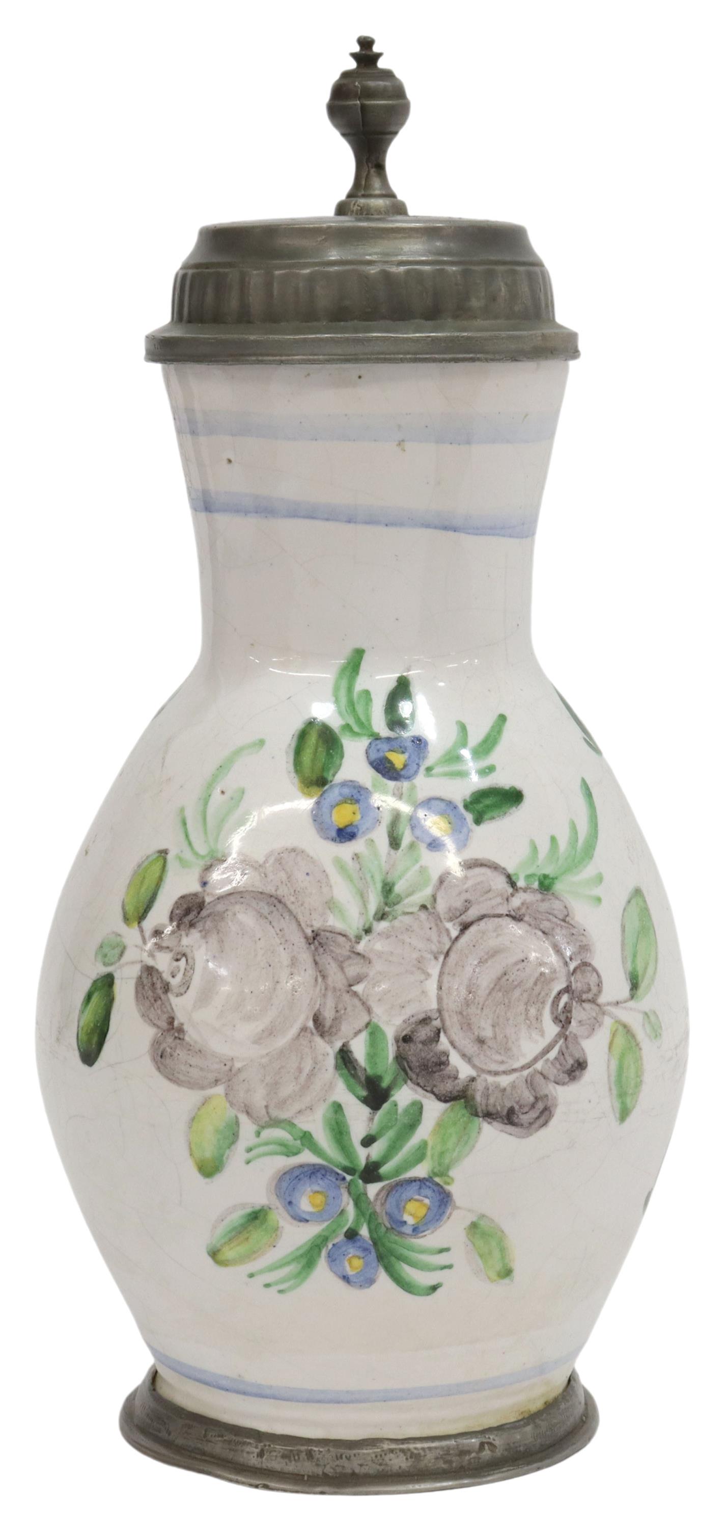 DELFT PEWTER-MOUNTED POLYCHROME FAIENCE JUG (1 of 5)