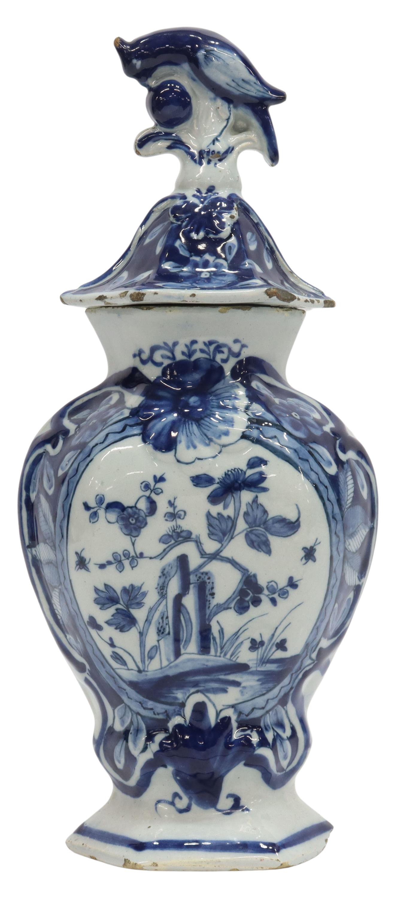 DELFT BLUE & WHITE FAIENCE LIDDED VASE, 18TH C. (1 of 3)