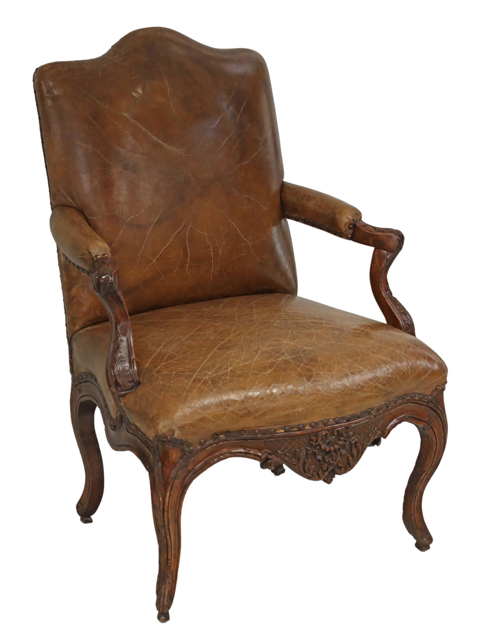 LOUIS XV STYLE WALNUT LEATHER UPHOLSTERED FAUTEUIL (1 of 3)