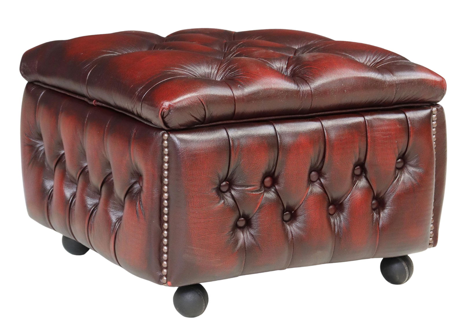 ENGLISH TUFTED OXBLOOD LEATHER STORAGE OTTOMAN (1 of 4)