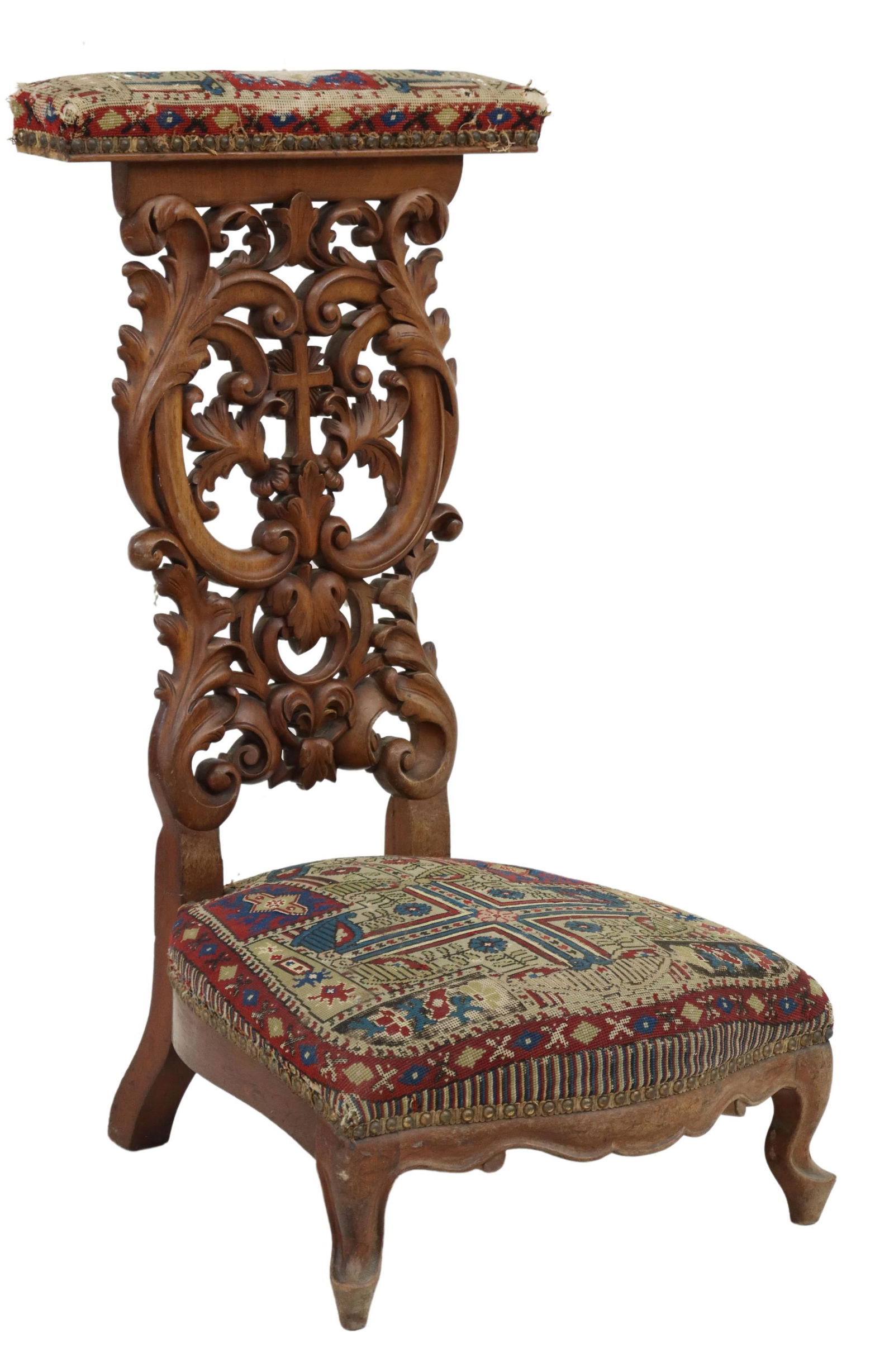 FRENCH CARVED CROSS PRIE-DIEU PRAYER KNEELER (1 of 4)