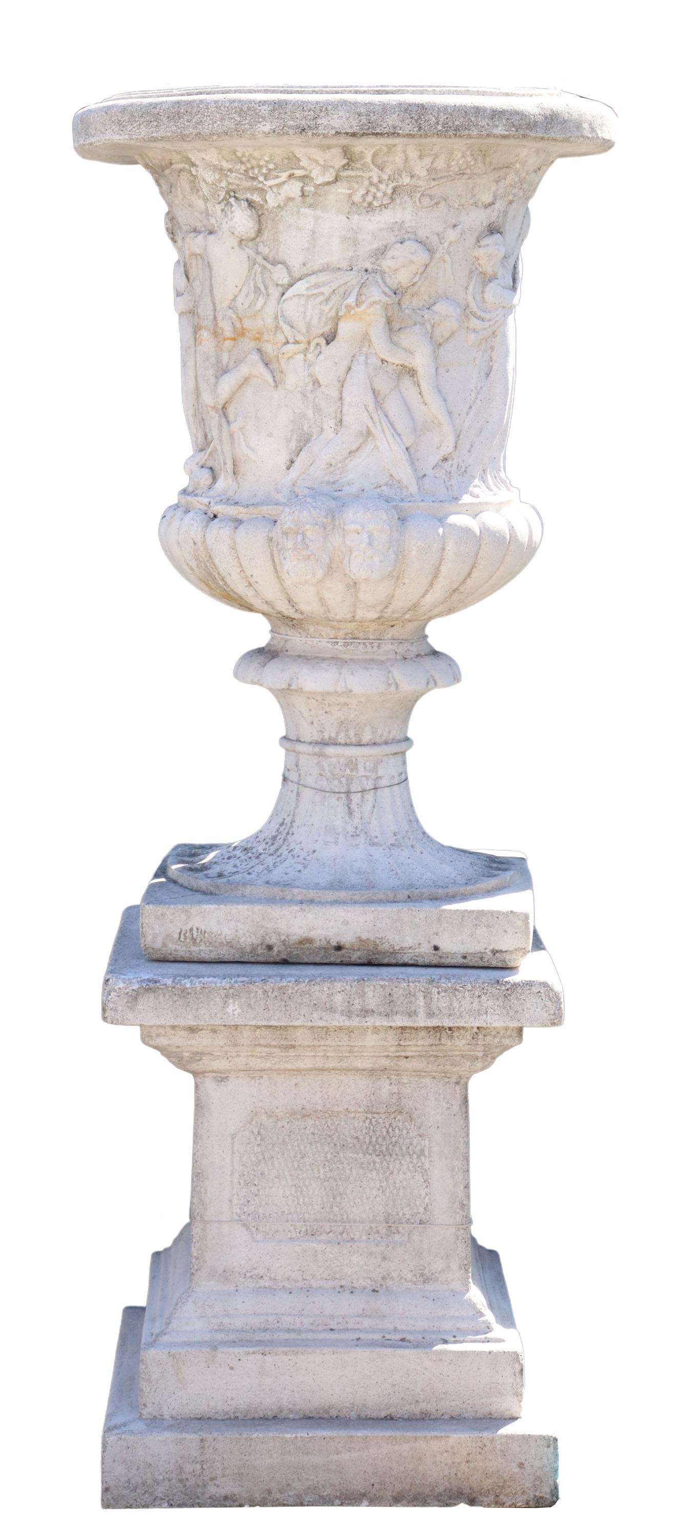 (LOT) LARGE STONE CAMPANA BACCHANAL URN ON BASE (1 of 3)