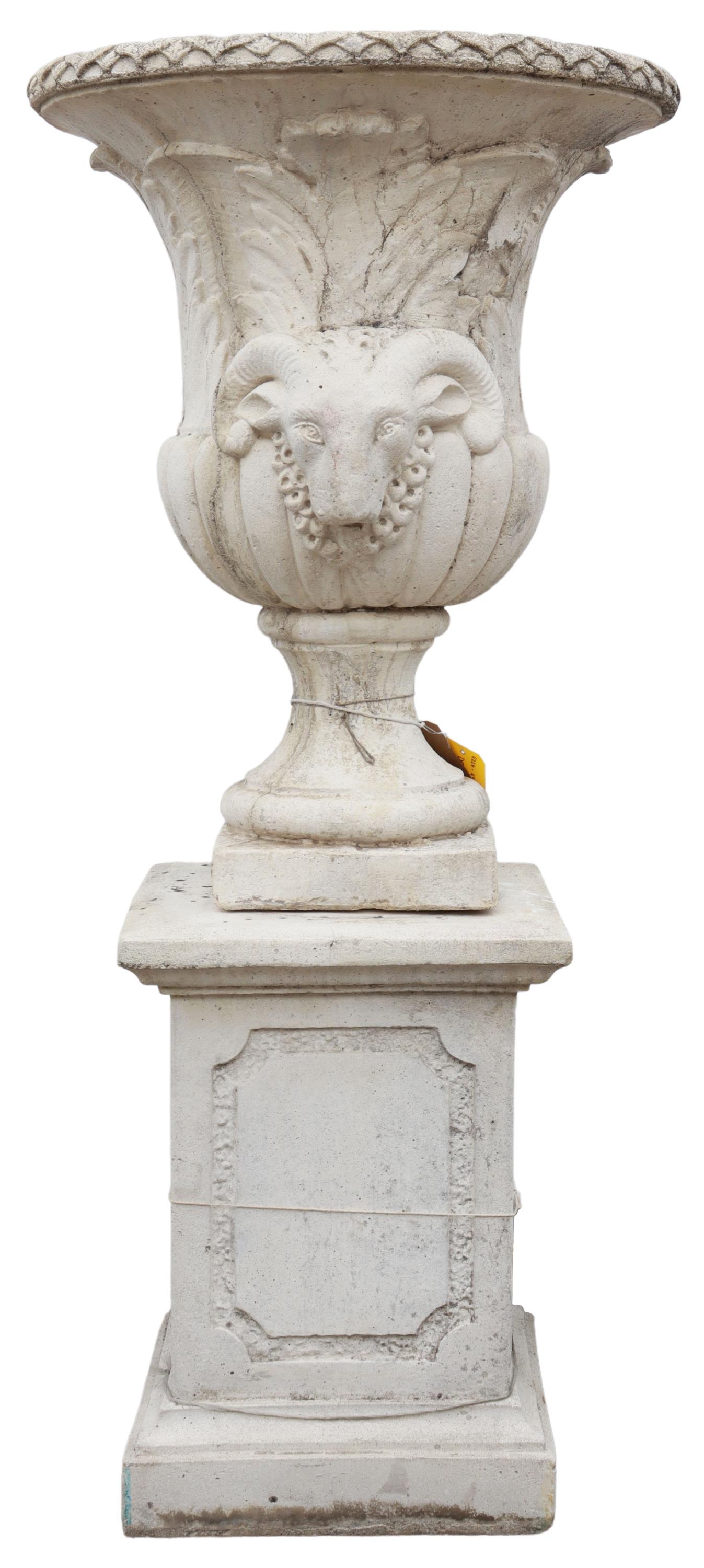 LARGE CAST STONE URN WITH RAMS HEAD HANDLES (1 of 1)