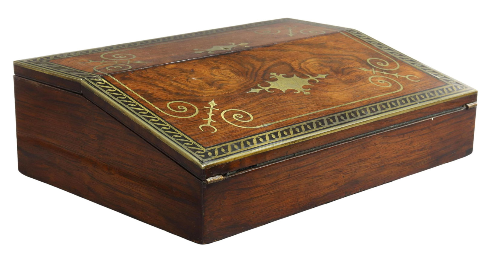 FRENCH BRASS-INLAID ROSEWOOD WRITING ECRITOIRE: French rosewood ecritoire/ writing slope, 19th c., hinged top accented with brass inlay, opening to inset felt writing slope, two small interior drawers, lacking interior panel, approx 4.25"h, 14.25"w