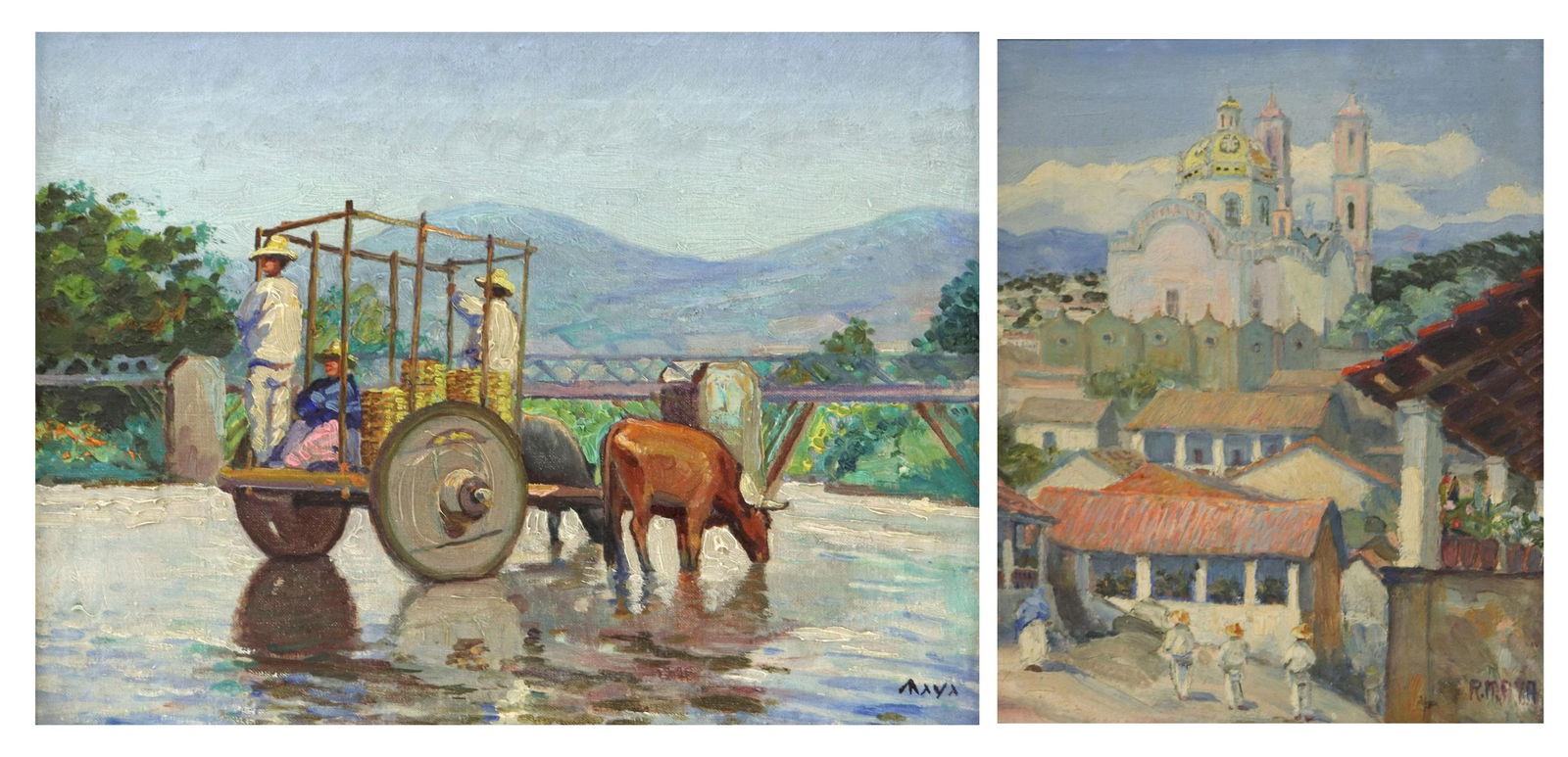 2)REYNALDO MAYA (B.1911) TAXCO & OX CART PAINTINGS (1 of 8)