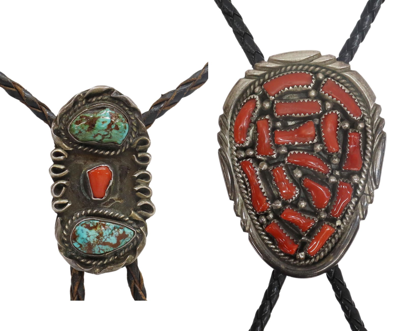 (2) NATIVE AMERICAN NAVAJO SILVER CORAL BOLO TIES (1 of 8)