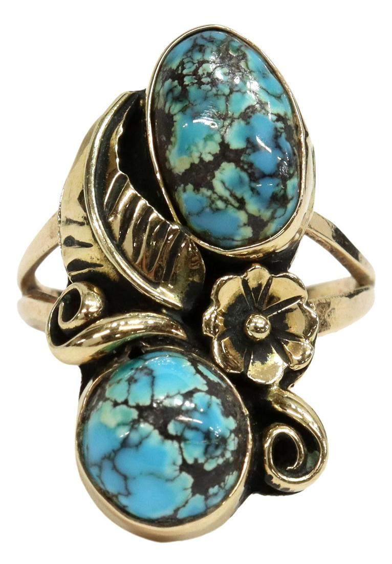 NATIVE AMERICAN 14KT YELLOW GOLD & TURQUOISE RING (1 of 5)