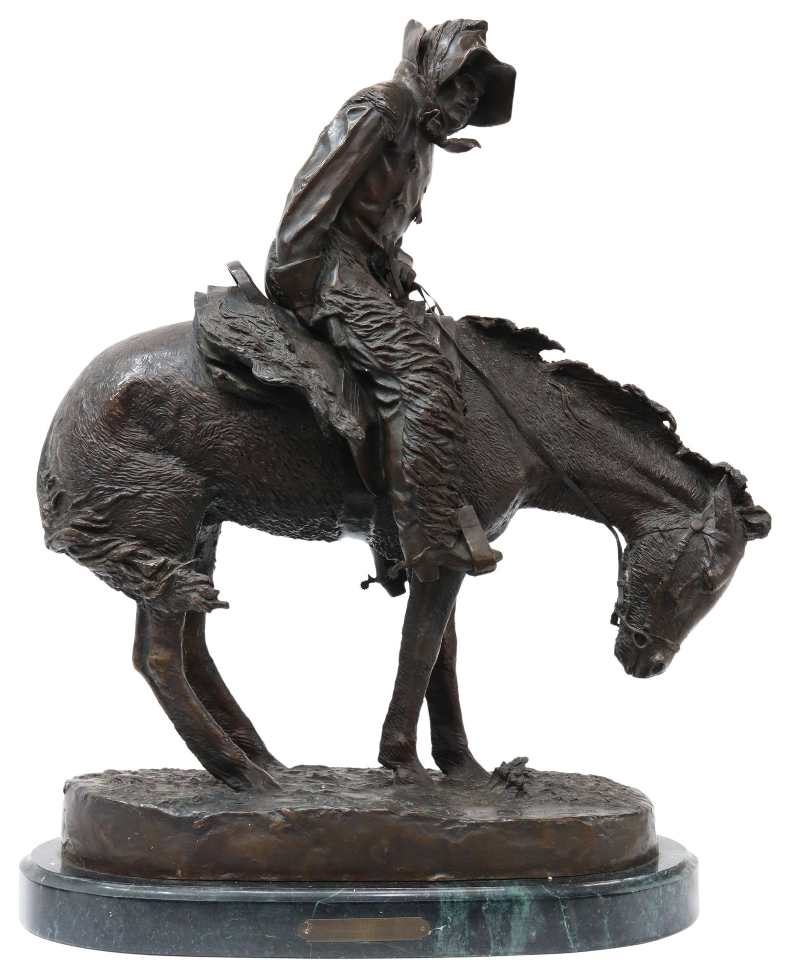LARGE WESTERN BRONZE THE NORTHER AFTER REMINGTON: Large patinated bronze sculpture, "The Norther," signed in cast after Frederic Remington (American, 1861-1909), on a green marble base, approx 22.5"h, 17"w, 9"d Start Price: $300.00