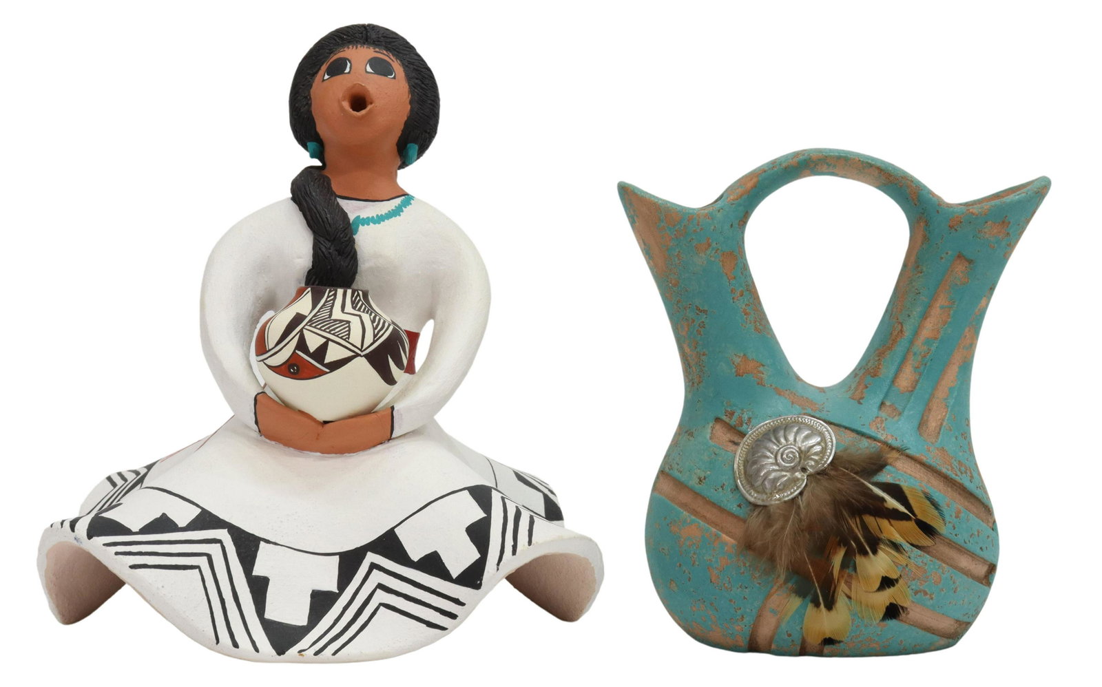 NATIVE AMERICAN ACOMA PUEBLO STORYTELLER & VASE: (lot of 2) Native American cabinet items, including: (1) storyteller figure, signed R. Arnold (Rachel Arnold, Acoma Pueblo, b.1930), depicting seated woman holding vase and singing, signed underfoot, 