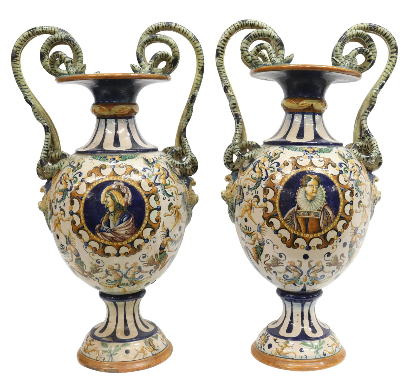 (2) ITALIAN MAJOLICA FAIENCE PORTRAIT URNS, 29.5"H (1 of 7)