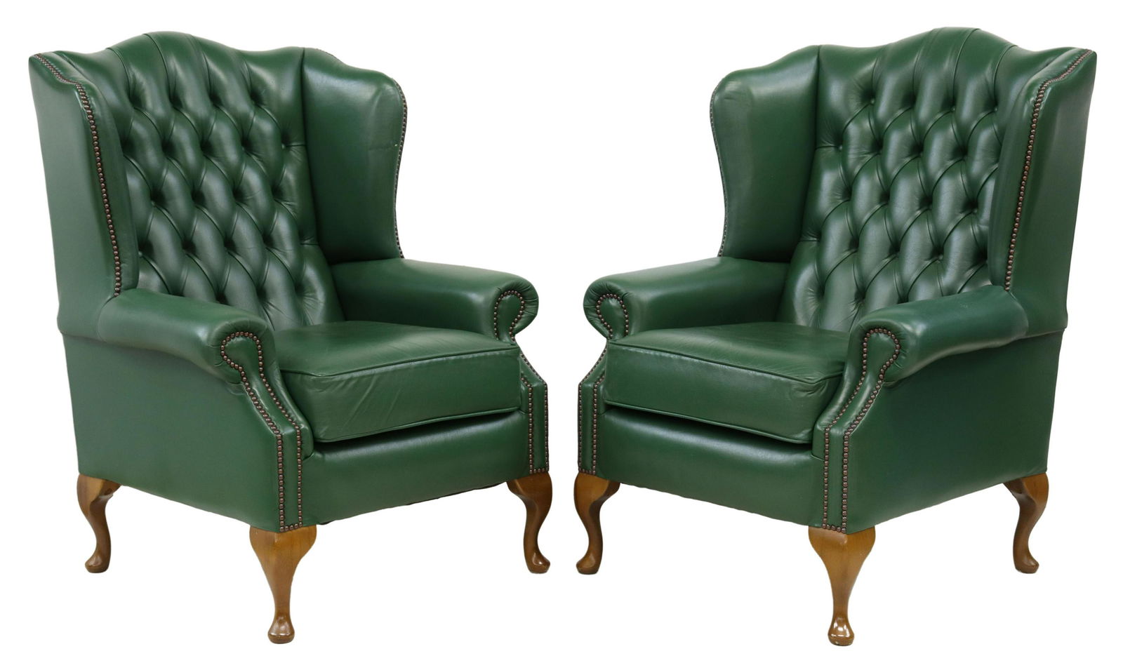 (2) QUEEN ANNE STYLE GREEN LEATHER WINGBACK CHAIRS (1 of 3)