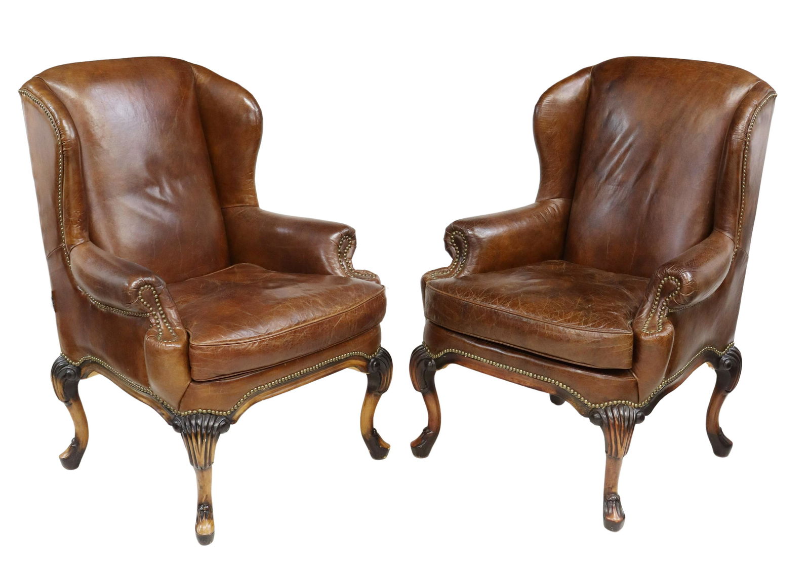 (2) QUEEN ANNE STYLE BROWN LEATHER WINGBACK CHAIRS (1 of 4)