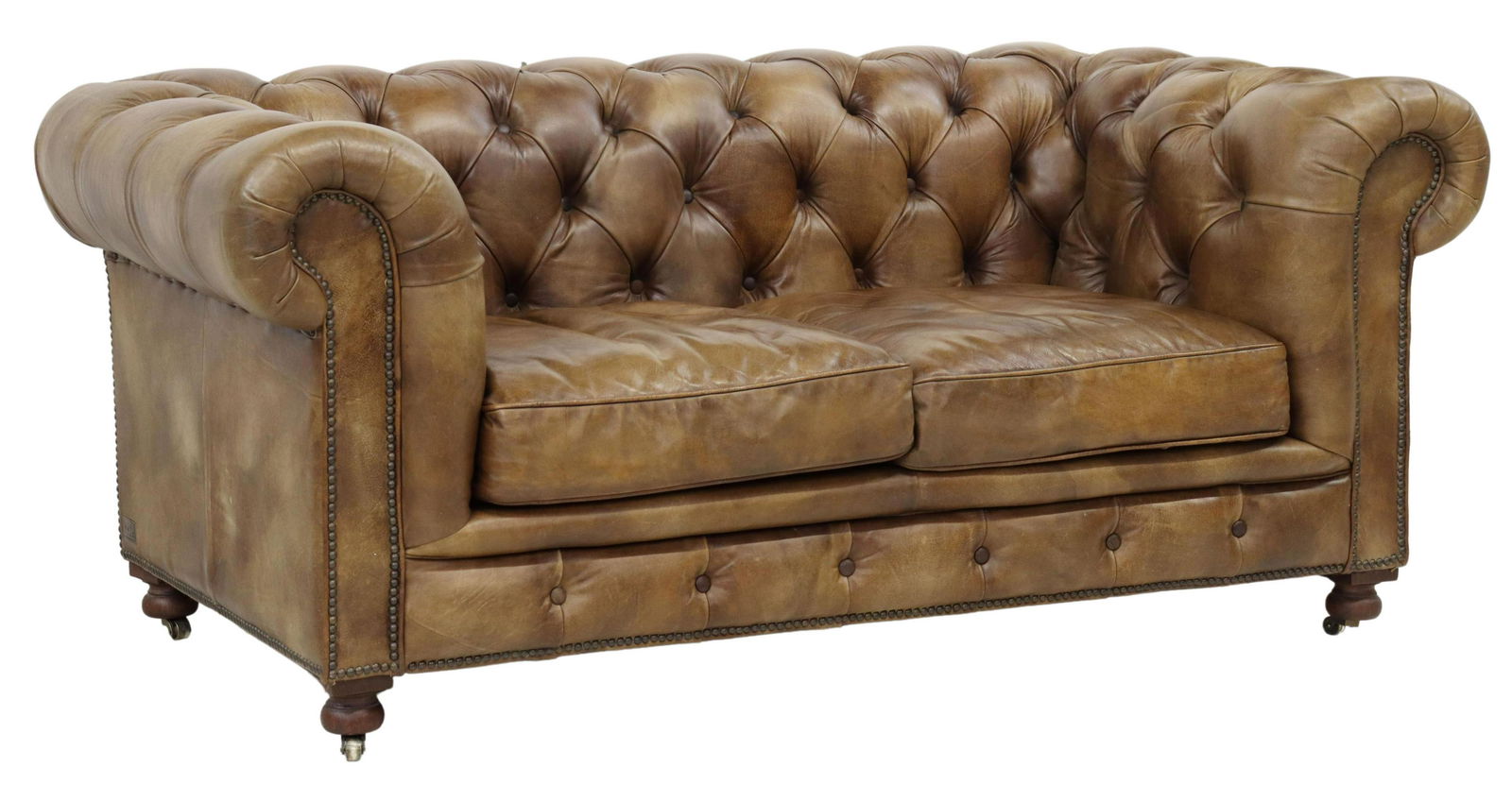 ENGLISH BROWN LEATHER CHESTERFIELD LOVESEAT SOFA (1 of 3)