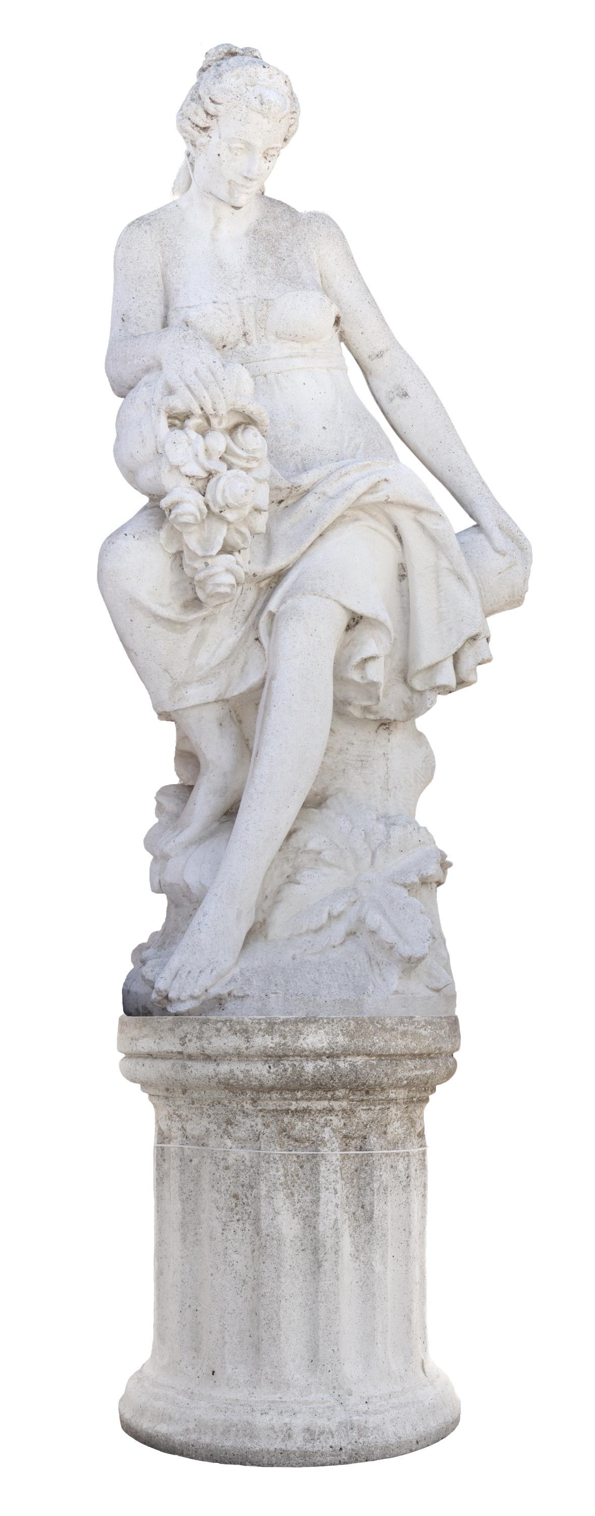 LOT)CAST STONE GARDEN FIGURE, FLOWER GIRL, ON BASE (1 of 2)